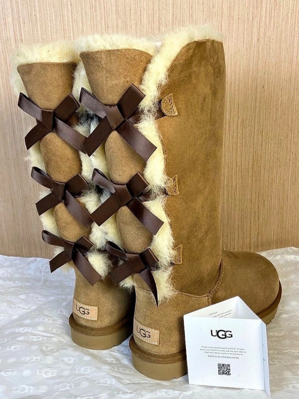 UGG Bailey Bow Tall II Chestnut Sheepskin Boots Women’s 10 NWOB